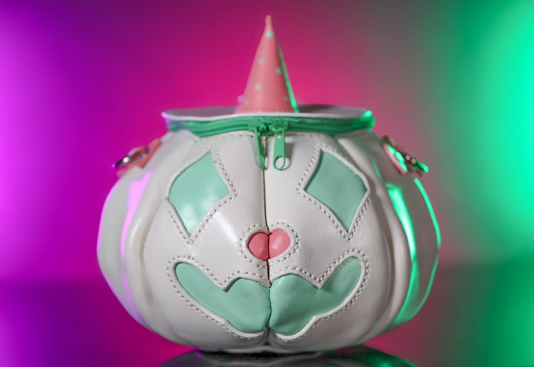 Handmade Leather Pumpkin Bag-Clown Face-Pink & Mint