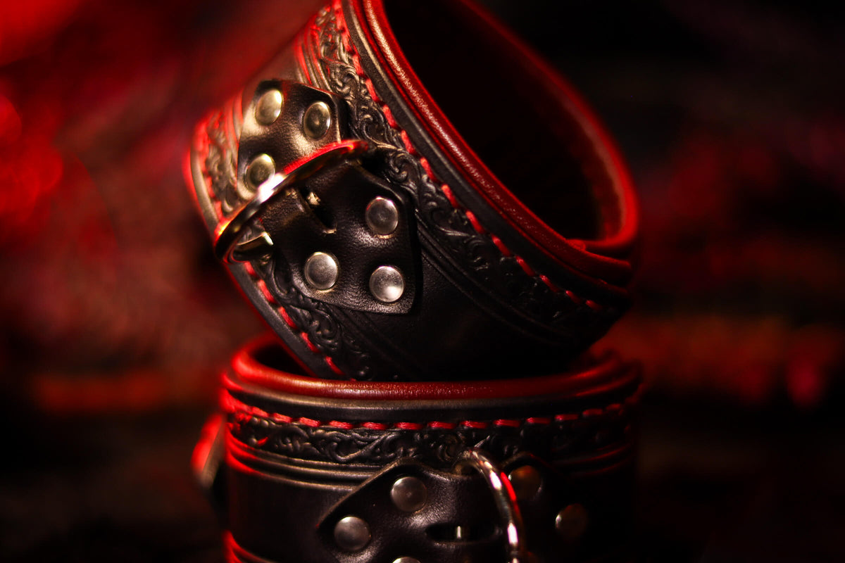 Black & red leather wrist cuffs