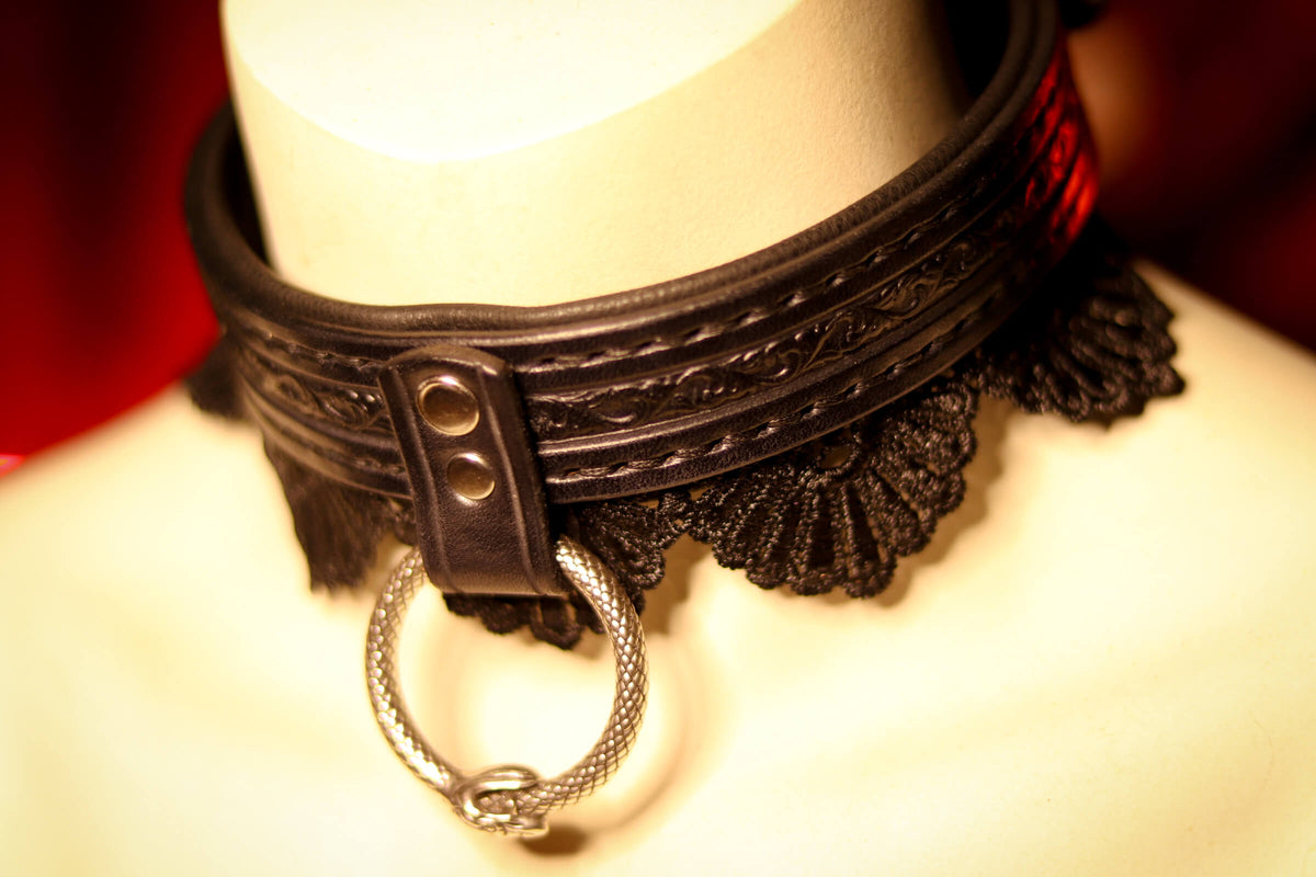 Black leather collar with lace and Ouroboros drop ring