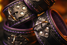 Load image into Gallery viewer, Black &amp; Purple Filigree Wrist &amp; Ankle Cuff Set.
