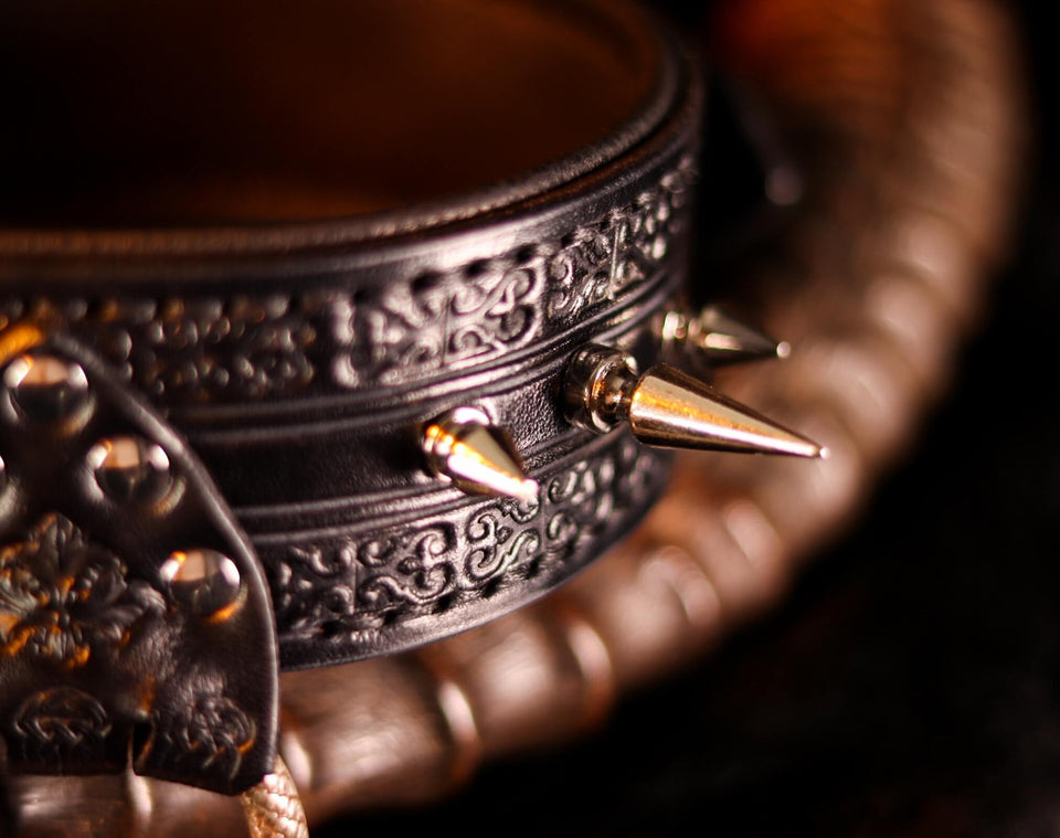 Black leather spiked collar by Devilish Devices, Close up