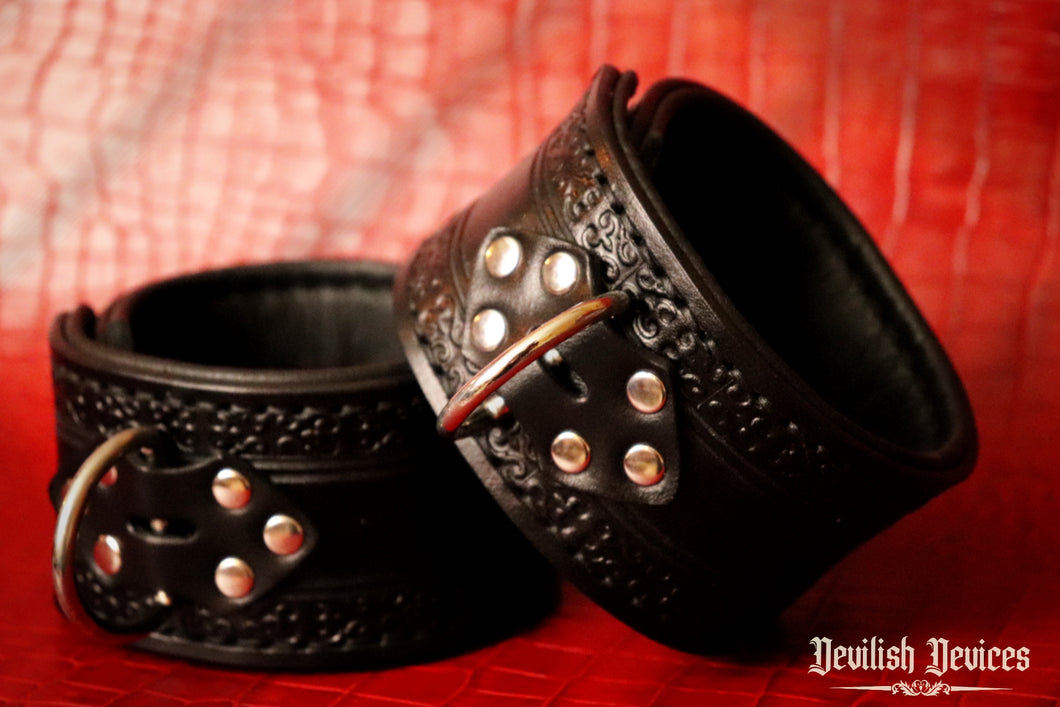 Leather Ankle Cuffs-Gothic Scroll