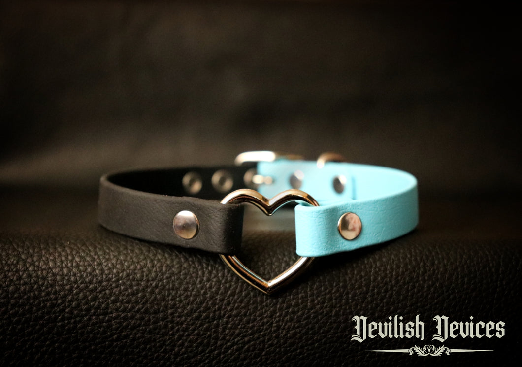 Vegan Leather Heart Ring Day Collar-Black & Blue